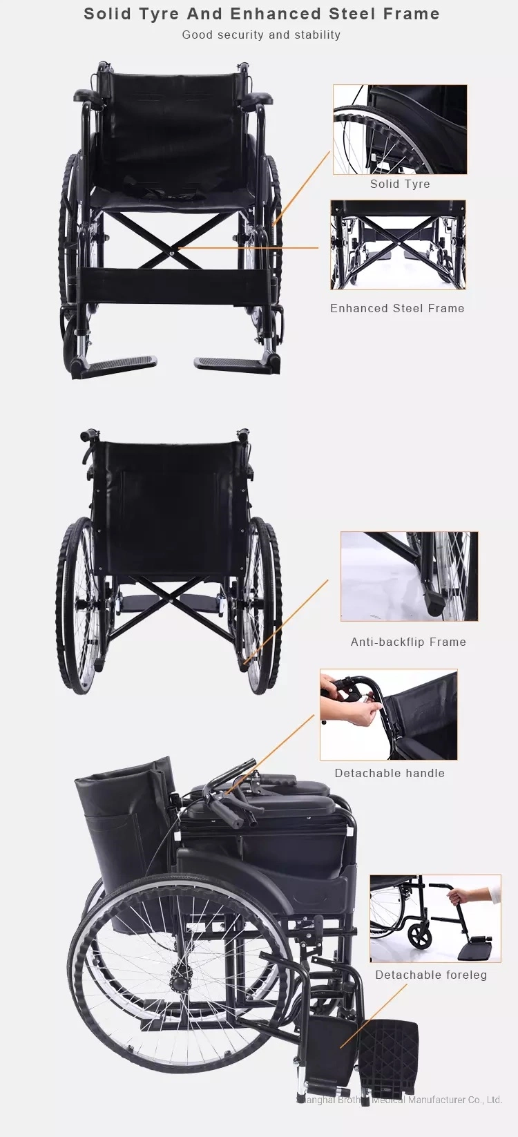 Folding Basic Manual Steel Wheelchair Economy Standard Chrome Foshan 809 for Patient Home Care Elderly Mobility Wheel Chair Medical Equipment Hospital FDA CE