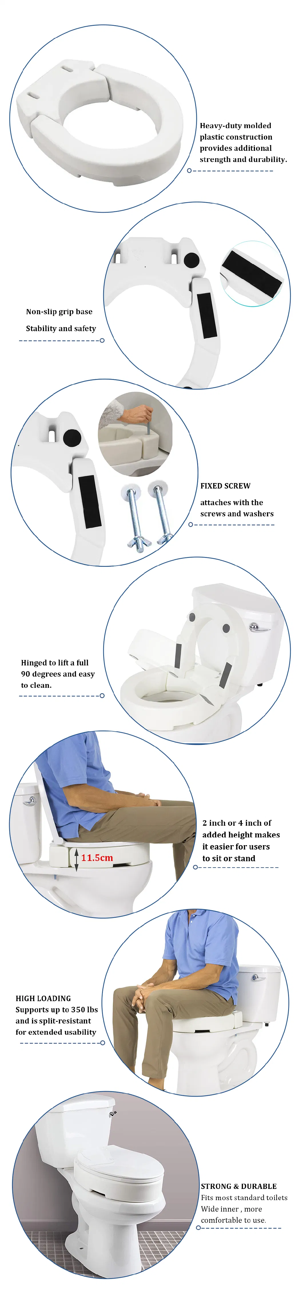 Standard 2′ ′ Us-Style Raised Toilet Seat Elevator with Handles Commode Chair Safety